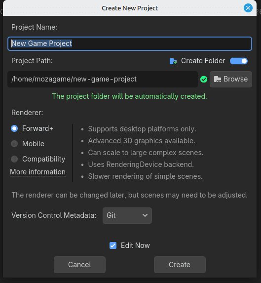 Create New Project: задаём имя проекта и папку.