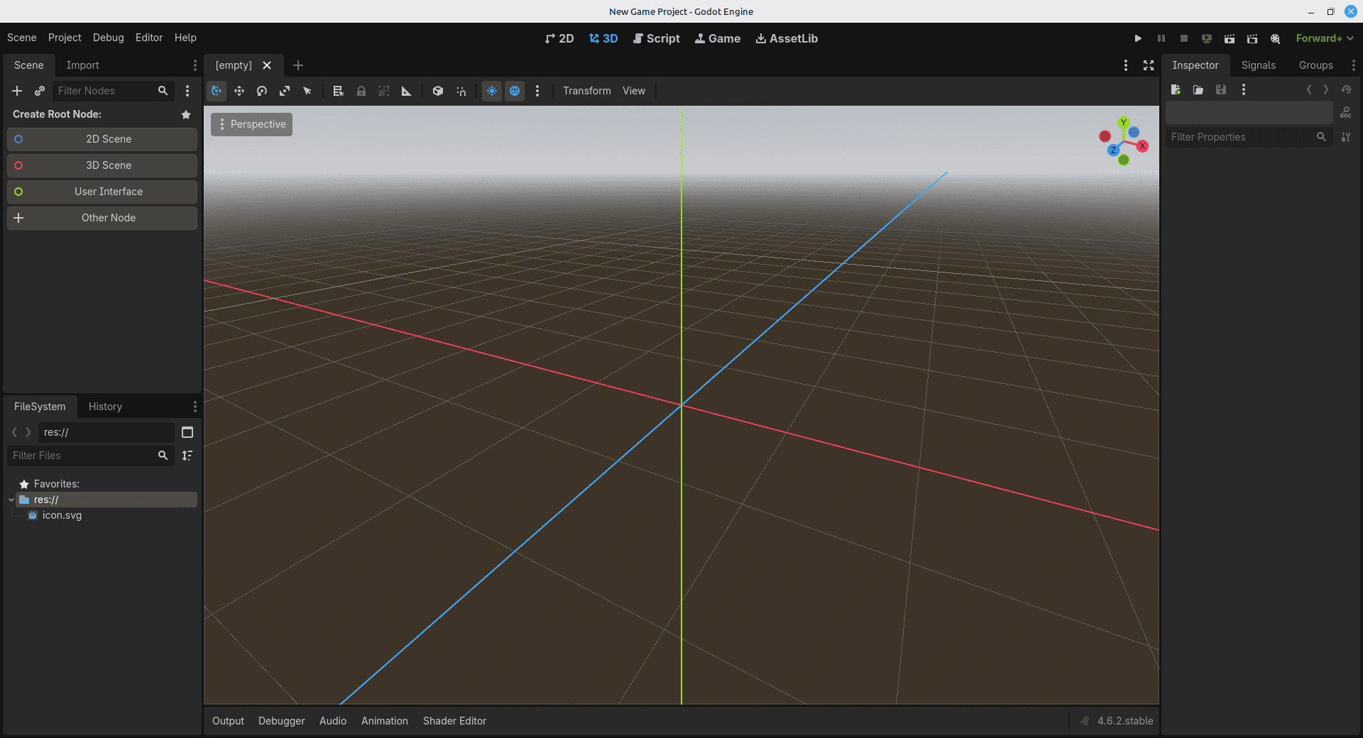 Пустой редактор: Godot открыл проект, но сцена ещё не создана.