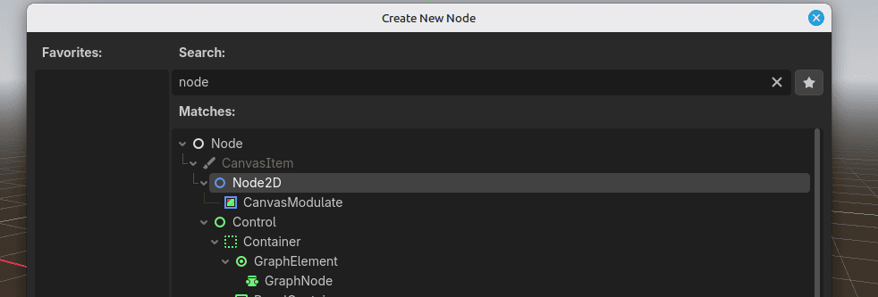 Поиск Node2D: выбираем Node2D как основу простой 2D-сцены.